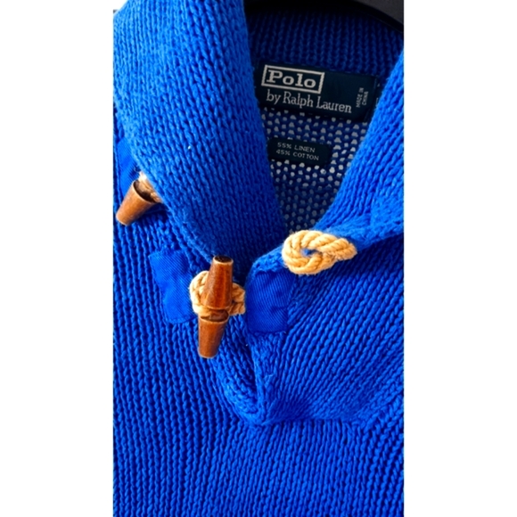 Polo by Ralph Lauren | Yacht Blue Shawl Neck Linen-Cotton Blend Sweater - Picture 3 of 16